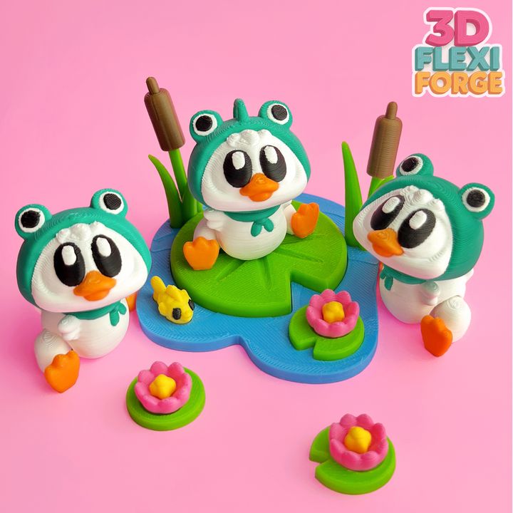 3D FORGE NO.008  关节可动戴青蛙帽子的鸭子 + 睡莲池-3D合纵社-3D打印模型STL格式3mf格式免费下载！