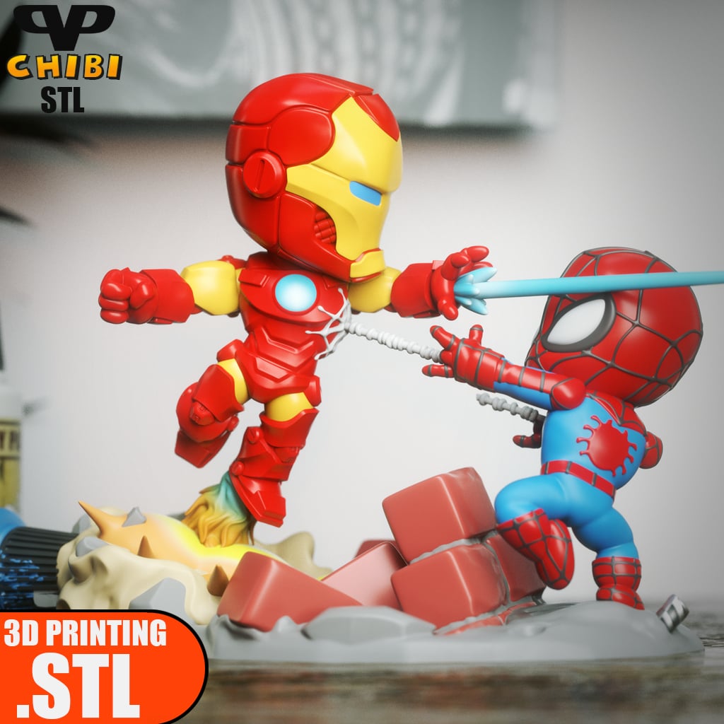 钢铁侠对战蜘蛛侠 Q版-3D合纵社-3D打印模型STL格式3mf格式免费下载！