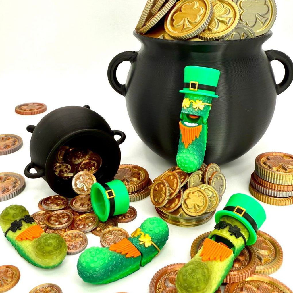 富豪酸黄瓜 Irish Bearded Pickle w Hat, Cauldron Container, Gold Coins-3D合纵社-3D打印模型STL格式3mf格式免费下载！